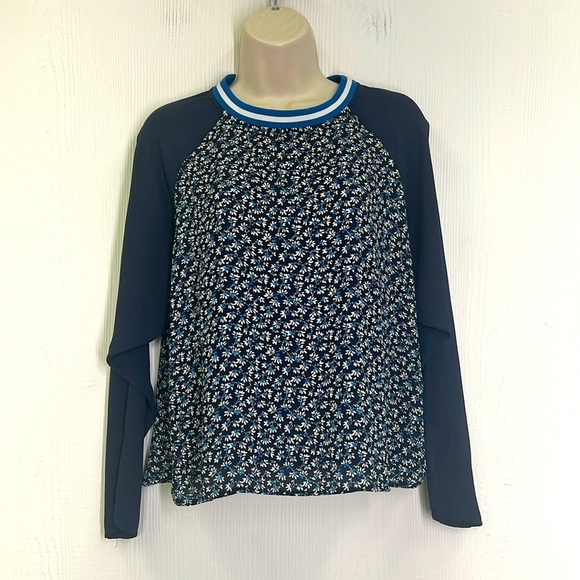 H&M - Navy Floral Stripe Crewneck Flowy Long Sleeve Lightweight Blouse Size 6 - Picture 1 of 10